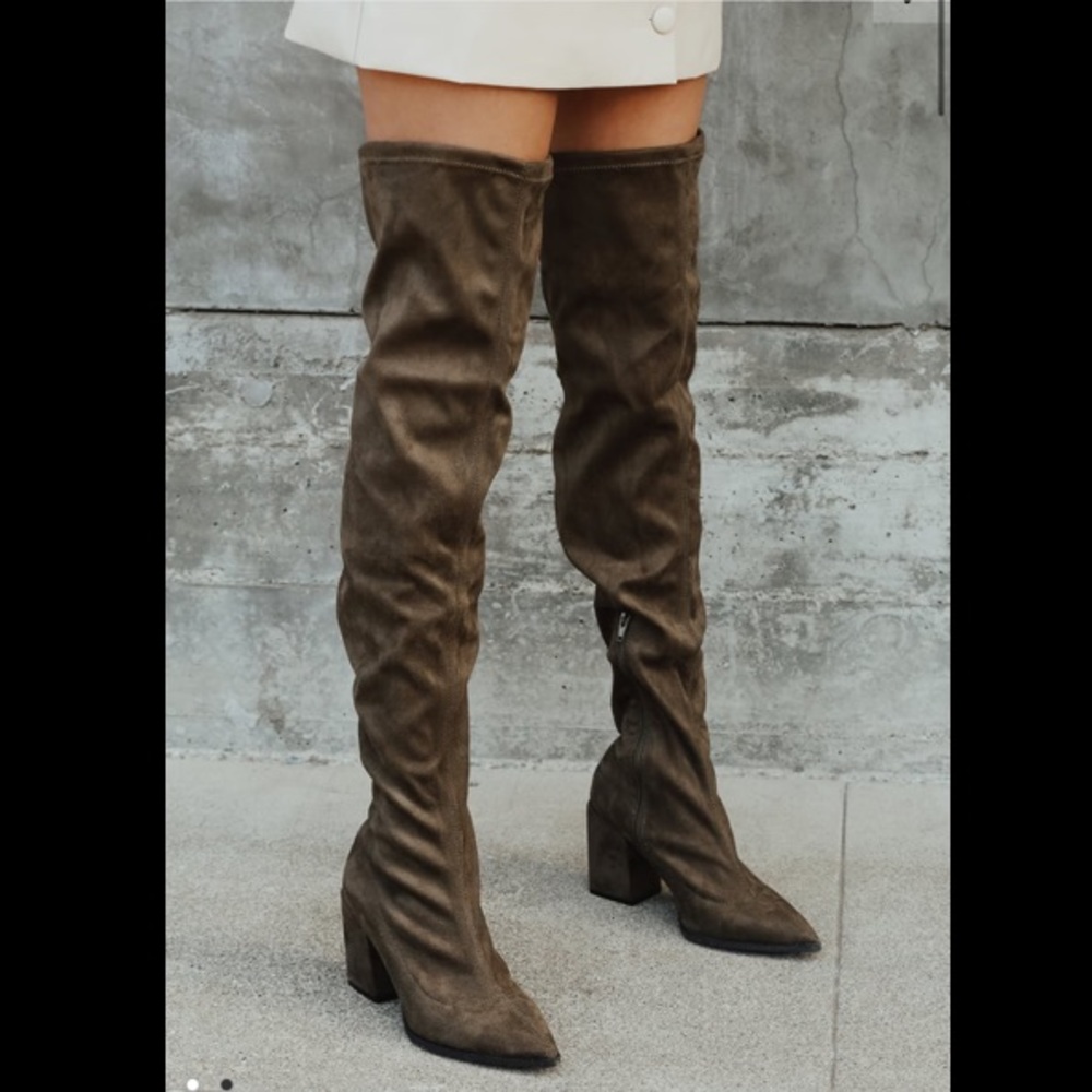 Aurelie OliveGreen Suede PointedToe OverKnee Boots